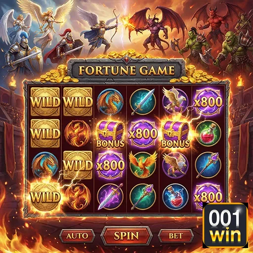 Imagem do jogo de slot Fortune na 001win, mostrando carretéis vibrantes e símbolos de prêmio.